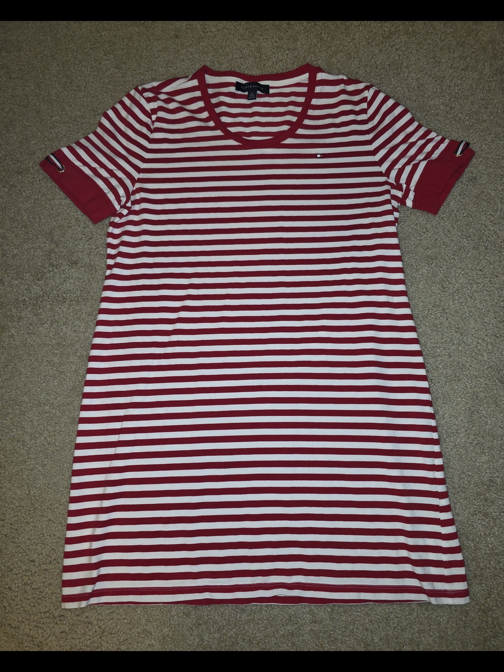 Tommy Hilfiger Striped T-Shirt Dress Women's XL Red White Grommet Sleeve Tie